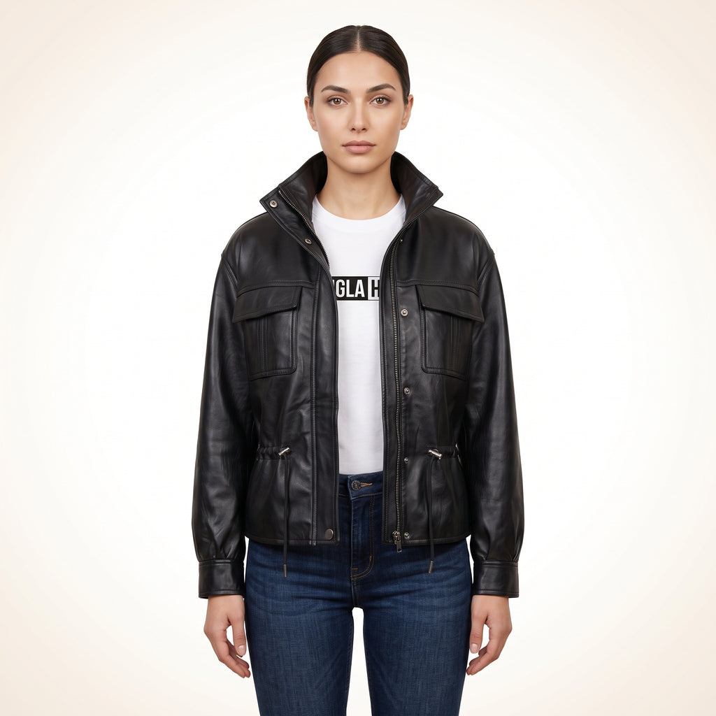 Women’s Black Genuine Leather Utility Jacket