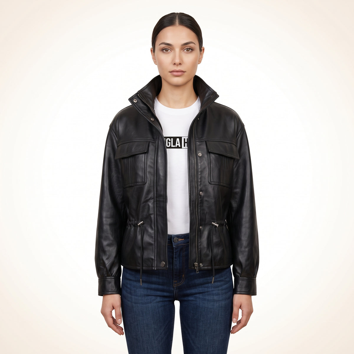 Women’s Black Genuine Leather Utility Jacket