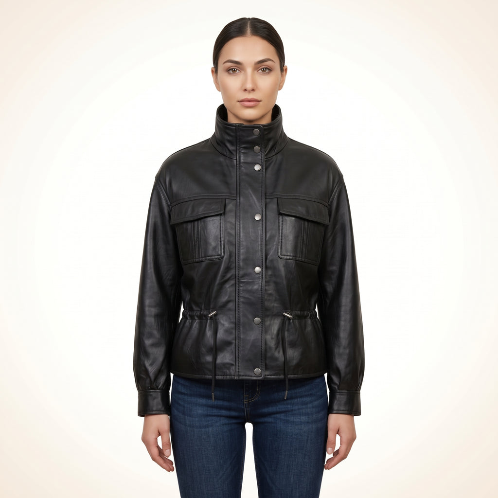 Women’s Black Genuine Leather Utility Jacket