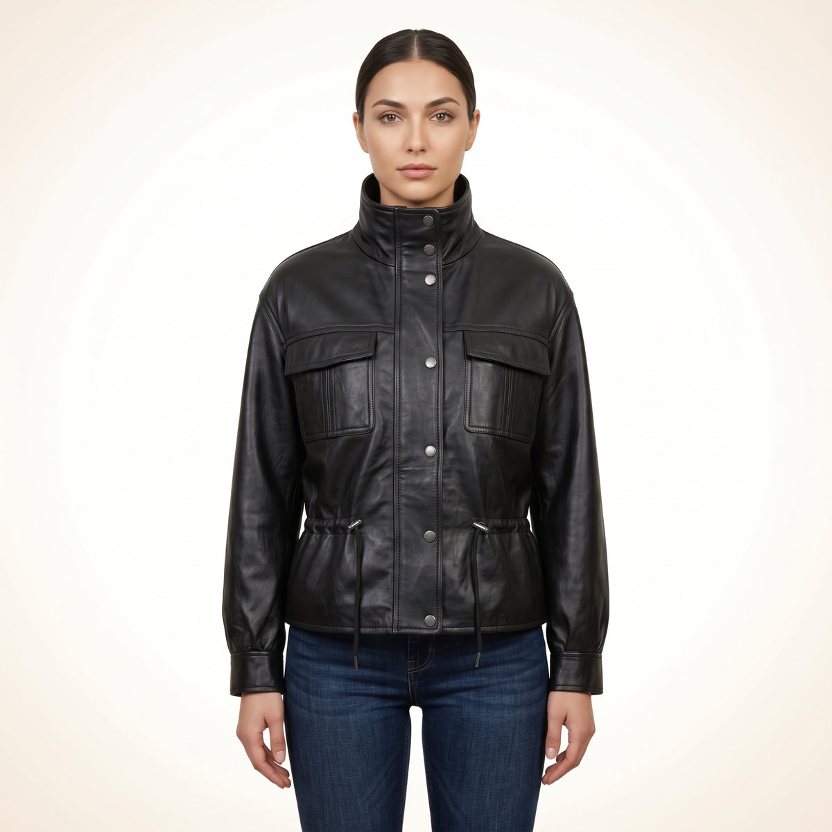 Women’s Black Genuine Leather Utility Jacket