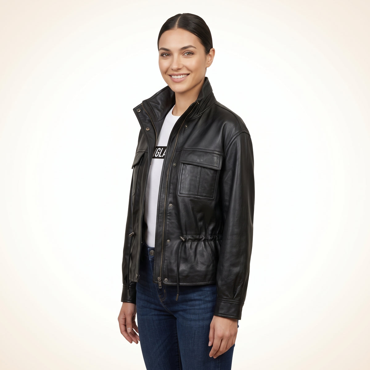 Women’s Black Genuine Leather Utility Jacket