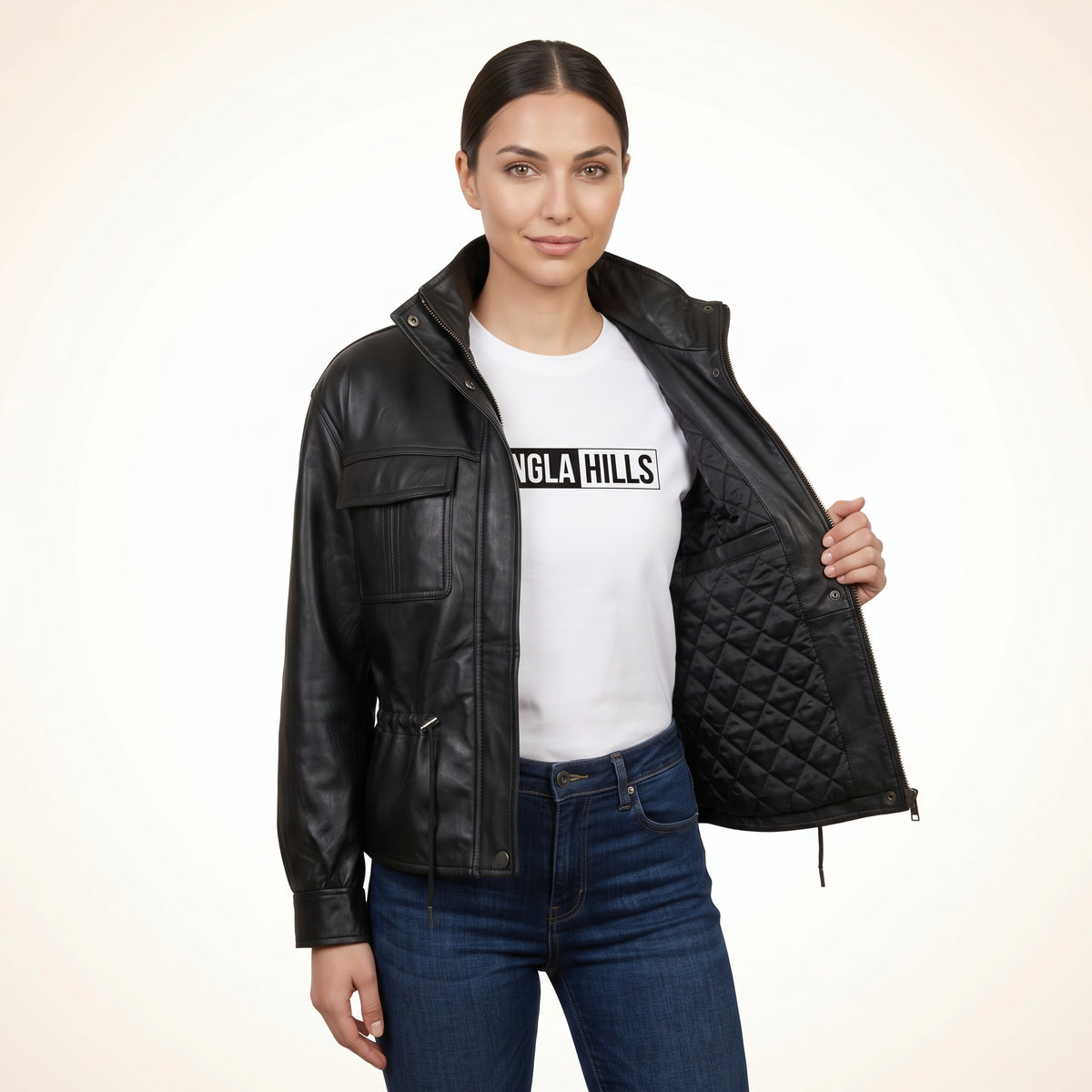 Women’s Black Genuine Leather Utility Jacket
