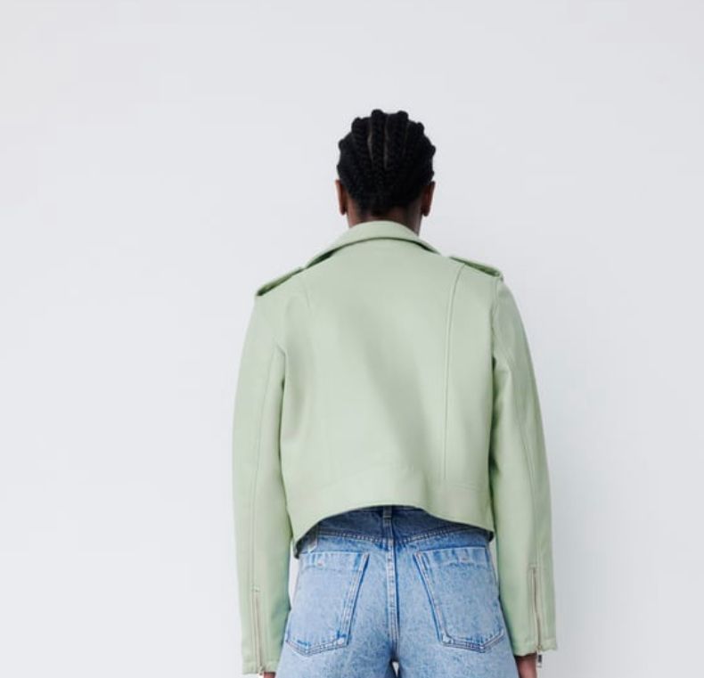 Mint Green Faux Leather Moto Jacket with Asymmetrical Zip