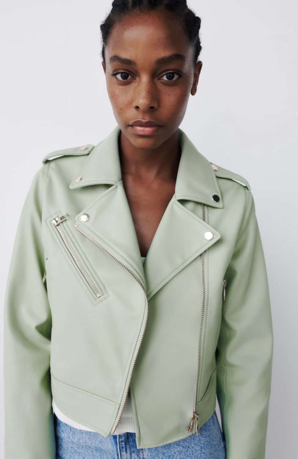 Mint Green Faux Leather Moto Jacket with Asymmetrical Zip