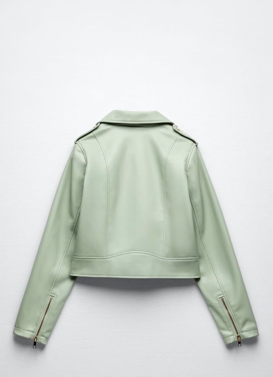 Mint Green Faux Leather Moto Jacket with Asymmetrical Zip