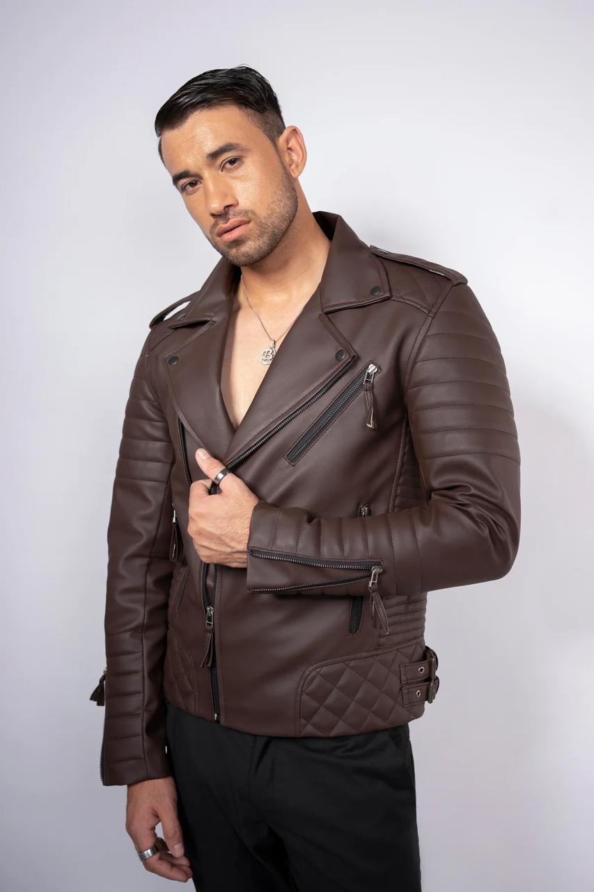 Brown leather biker jacket
