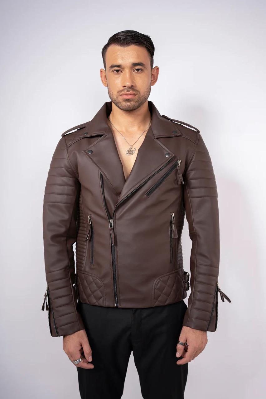 Brown leather biker jacket
