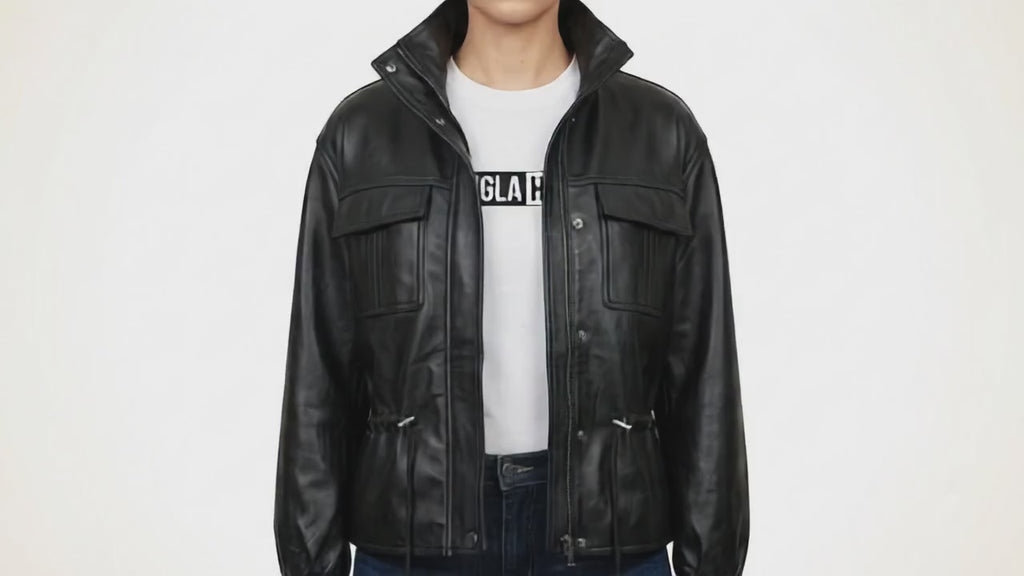 Women’s Black Genuine Leather Utility Jacket